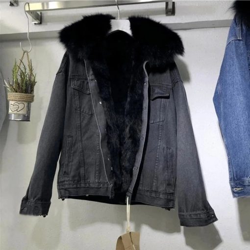main image3Women Winter Warm Basic Coat Big Fur Collar Denim Jacket Female Cold Motorcycle Jackets Outerwear Fleece