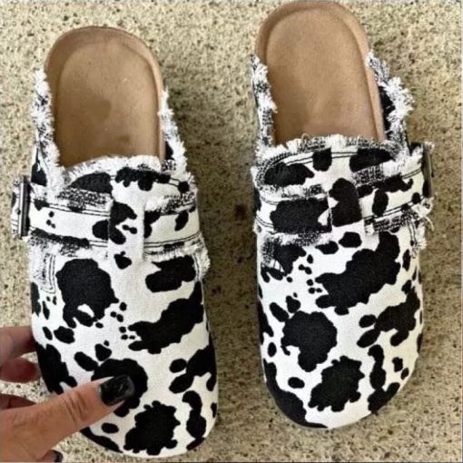 main image3Women s Canvas Mule Clogs Closed Toe Cork Footbed Slide Slippers Ladies Fashion Print Trimmed Fringe