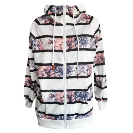 main image3Women s High Collar Print Sweatshirt Drawstring Pullover Slim Casual Zipper Coat Jacket