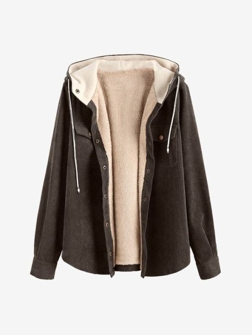 main image3ZAFUL Fleece Lining Hooded Jacket Women Plain Cryptidcore Cover Button Up Fuzzy Coat for Spring Autumn