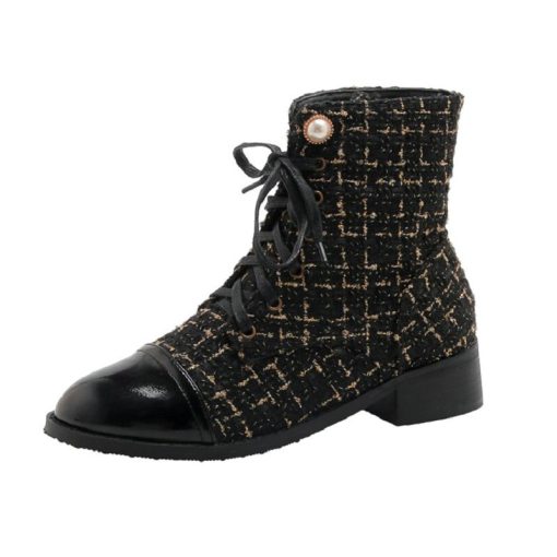 main image3ZawsThia Winter Autumn Round Toe Square Heels Lace up Tweed Checked Plaid Luxury Martin Women Ankle