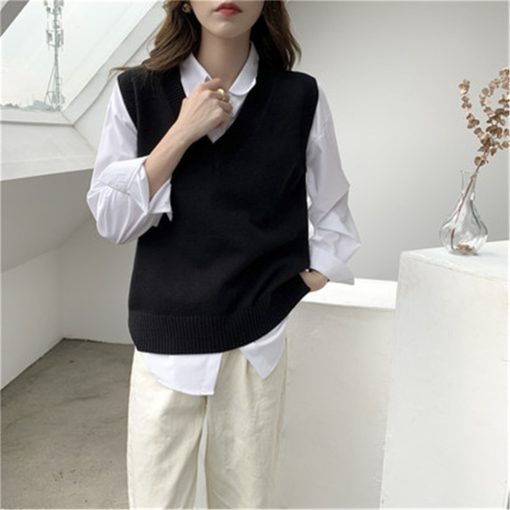 main image41PCS Women Black Sweater Vest Autumn and Winter Korean Loose Black V neck Knitted Vest Sleeveless