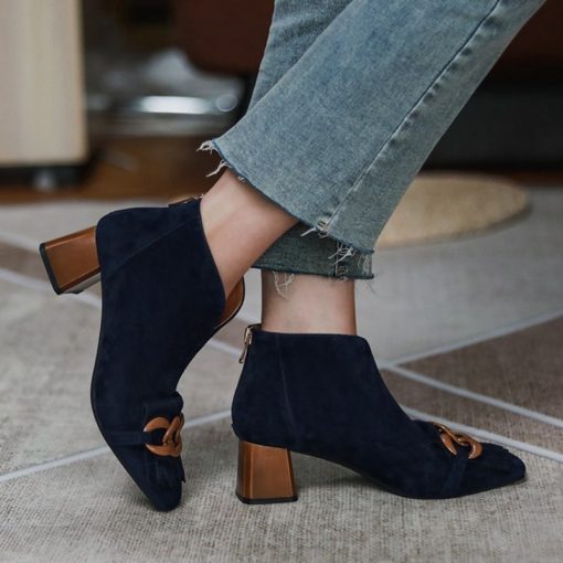 main image42021 Autumn Winter Women Boots Sheep Suade Round Toe Square Heel Mid Heel Ankle Boots Fringed