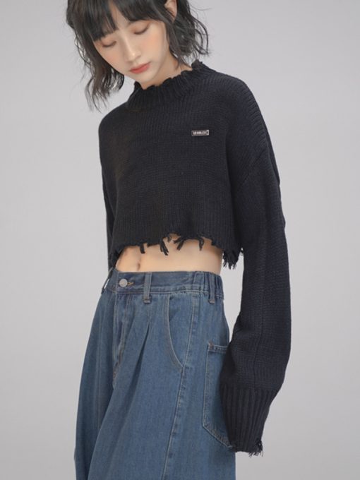 main image42022 Autumn Winter Korean Fashion Women Crop Tops Long Sleeve O Neck Sweater Solid Color Knitwear