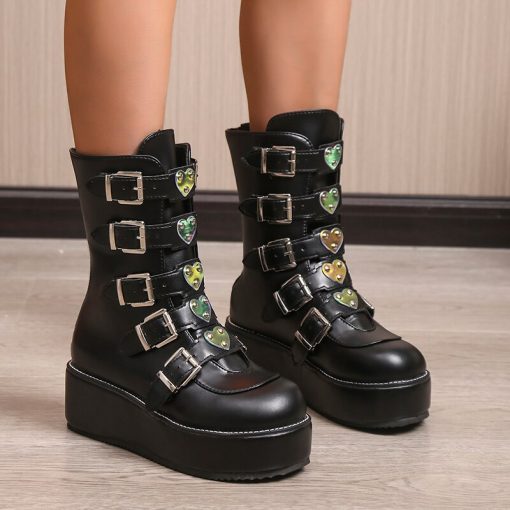main image42022 Hot Brand INS Demonias Shoes Platform Heart Buckle Wedges High Heels Motorcycle Mid Calf Boots