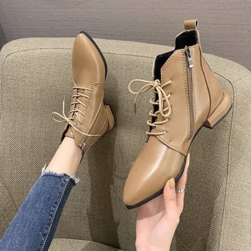 main image42022 Pointed Ankle Boots Autumn Winter Fashion Thick Heel Platform Shoes Lace Up British Style Pointed