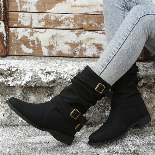 main image42022 Women Boots Leather Round Toe Retro Buckle Mid Calf Boots Fashion Low Heel Motorcycle Booties