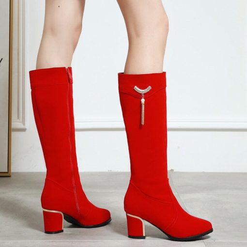 main image4Autumn Winter Knee High Boots Women Black Red Flock Women s High Boots Luxury Casual Low