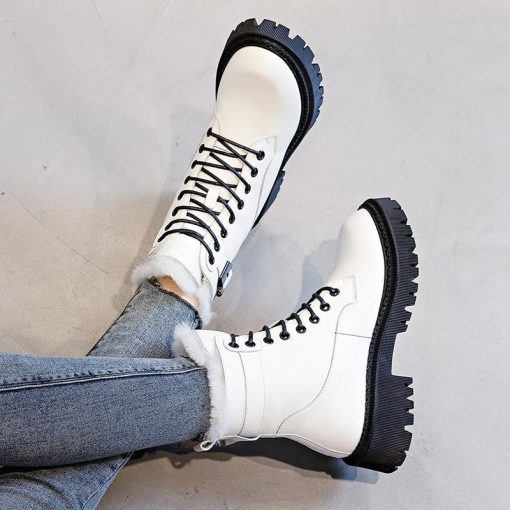 main image4British Leather Womens Boots 2022 Winter New Black Thick heeled Platform Fashion Women s Shoes Plus