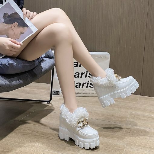 main image4Chunky Women Winter Leather Ankle Boots Chain High Heels British Style Platform Sneakers Woman Walking Trainers