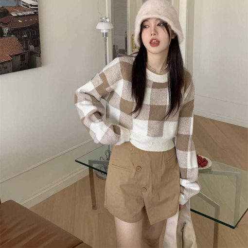 main image4Cropped Sweater Korean O neck Plaid Printing Preppy Style Pullover Sweater Women Simple Sweet Sweaters For