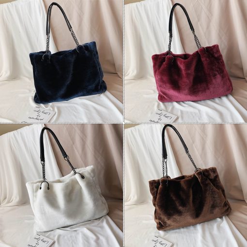 main image4Faux Fur Women Shoulder Bag Casual Plush Lady Tote Handbag Fashion Chain Larger Capacity Shopping Bag