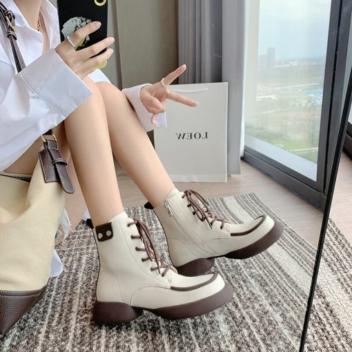 main image4Genuine Leather Luxury Brand Contrast Color Striped Pattern Square Toe Lace up Motorcycle Woman Boots Platform