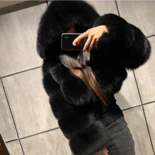 main image4High Quality Furry Cropped Faux Fur Coats and Jackets Women Fluffy Top Coat With Hooded Winter