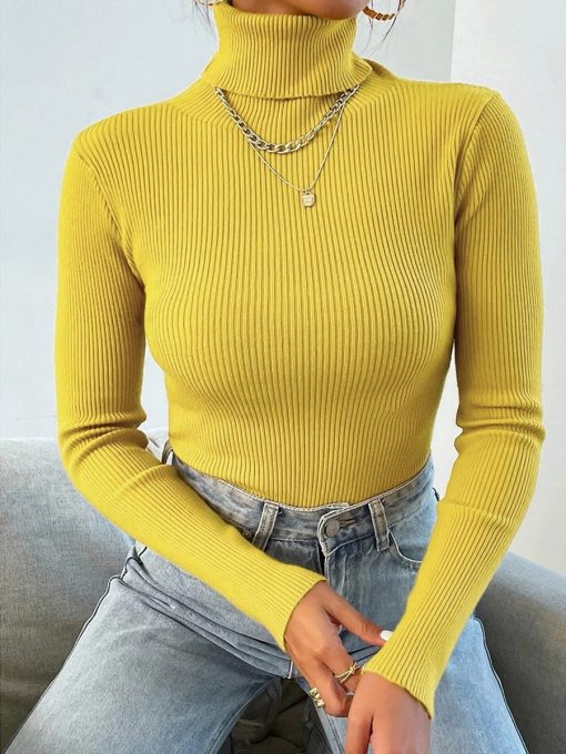 main image4On Sale 2022 Autumn Winter Women Knit Solid Turtleneck Pull Sweater Casual Rib Jumper Tops Female