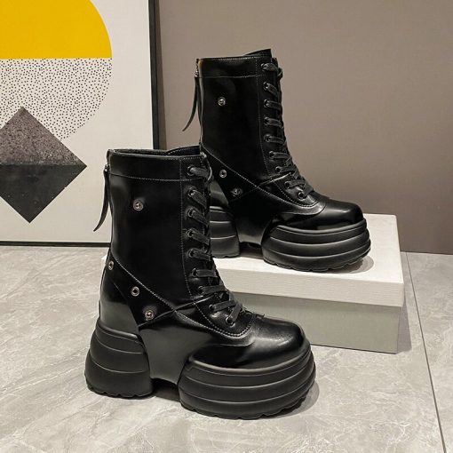 main image4Platform Chunky Boots For Women Lace Up Wedges Ankle Boots Round Toe Fashion Goth Punk Motorcycle