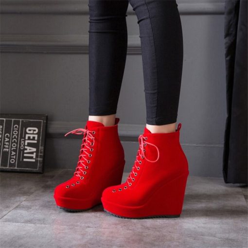 main image4Platform Women s Ankle Boots Shoes Autumn Winter Wedge Heels Lace Up Short Boots Nude Red