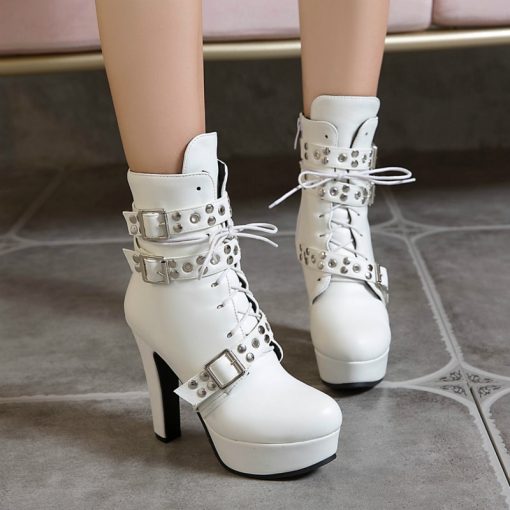 main image4Red Yellow White Women Ankle Boots Platform Lace Up High Heels Short Boot Female Buckle Autumn