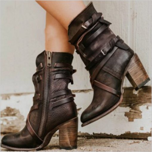 main image4Retro Ankle Boots Square Heel Round Head Zipper Large Size Spring Autumn Women s Roman Fashion