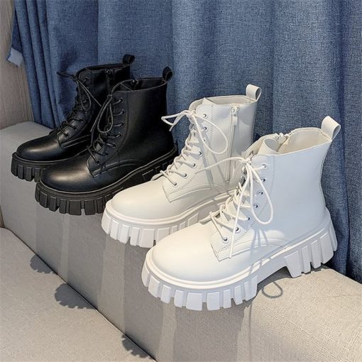 main image4Rimocy 2022 New Women White Ankle Boots PU Leather Thick Sole Lace Up Combat Booties Female