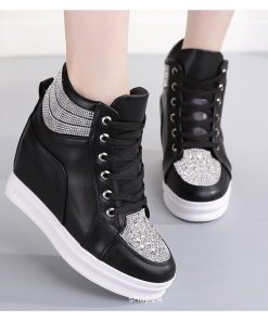 main image4Wedge Heels Shoes For Women Big Size 43 Leather Casual Shoes White Black Rhinestones High Top