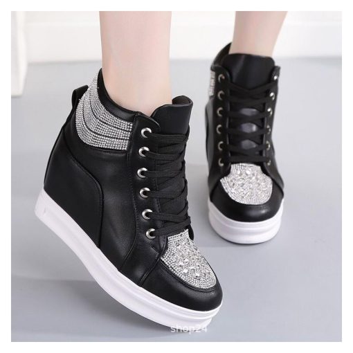 main image4Wedge Heels Shoes For Women Big Size 43 Leather Casual Shoes White Black Rhinestones High Top
