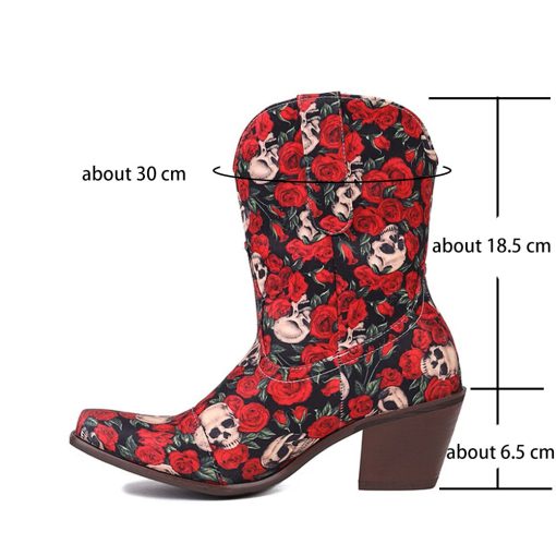 main image4Western Boots For Women Ankle Short Boots Flower Print Fashion Chunky Heel Slip On Vintage Cowboy