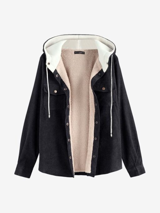 main image4ZAFUL Fleece Lining Hooded Jacket Women Plain Cryptidcore Cover Button Up Fuzzy Coat for Spring Autumn