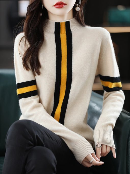 main image5100 Merino Wool Sweater Women s Clothing Half Turtleneck Pullover Autumn Winter Fashion Casual Knit Colorblock