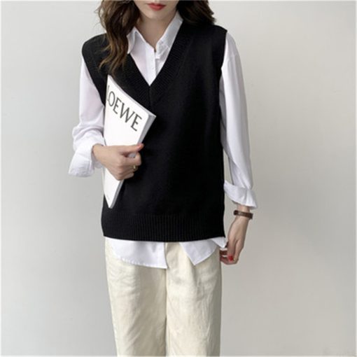 main image51PCS Women Black Sweater Vest Autumn and Winter Korean Loose Black V neck Knitted Vest Sleeveless