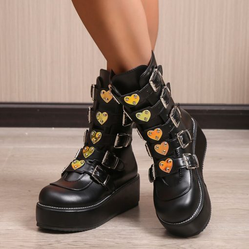 main image52022 Hot Brand INS Demonias Shoes Platform Heart Buckle Wedges High Heels Motorcycle Mid Calf Boots