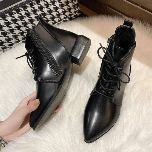 main image52022 Pointed Ankle Boots Autumn Winter Fashion Thick Heel Platform Shoes Lace Up British Style Pointed