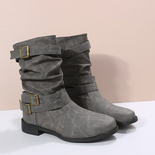 main image52022 Women Boots Leather Round Toe Retro Buckle Mid Calf Boots Fashion Low Heel Motorcycle Booties