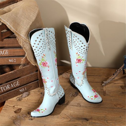 main image5AOSPHIRAYLIAN Western Cowboy Sewinig Floral Boots For Women 2022 Lace Studded Cowgirl Retro Vintage Embroidery Women