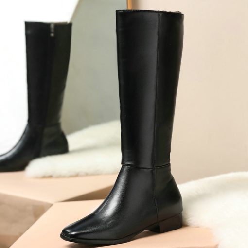 main image5Black White Women Knee High Boots Comfortable Square Heel Round Toe Calf Boots Side Zipper Short