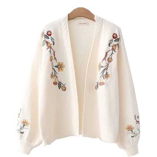 main image5Gagaok Women Knitted Fashion Cardigan Spring Autumn V Neck Lantern Sleeve Embroidery Floral Thick Loose Harajuku