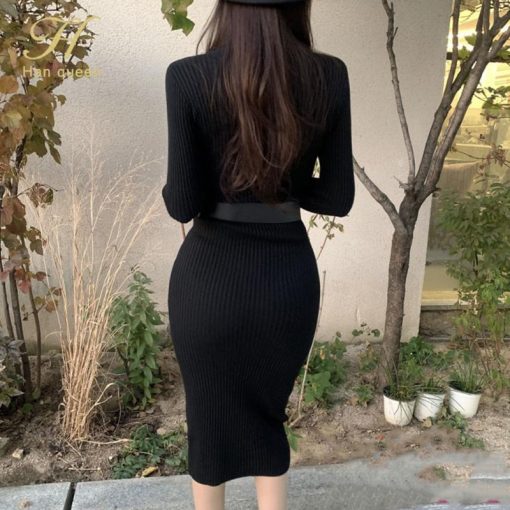 main image5H Han Queen Knitted Bodycon Dress Bottoming Women Soft Elastic Turtleneck Sweater Autumn Winter Midi Party