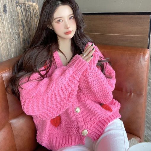 main image5MEXZT Women Harajuku Strawberry Loose Cardigan Sweater Fall Fashion Long Sleeve Korean Tops Chic Female Preppy