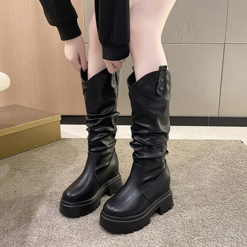 main image5Platform Wedges Knee High Boots For Women Slip On Brand New Motorcycle Boots 2022 Winter Autumn