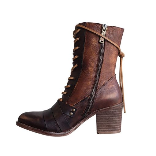 main image5Plus Size Martin Boots 2022 Winter Vintage Zipper Chunky Heels Leather Boot Women Leather Stitching Lacing