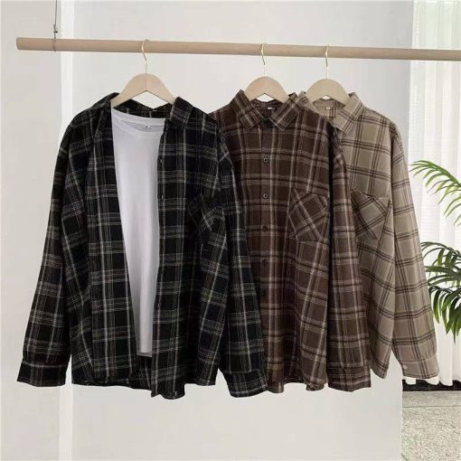 main image5Vintage Plaid Shirts Women Autumn Long Sleeve Oversize Button Up Shirt Korean Fashion Casual Fall Outwear
