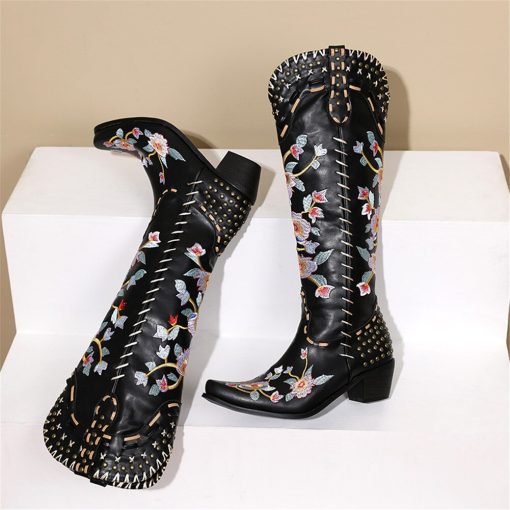main image5Western Cowboy Sewing Floral Winter Boots For Women 2022 Lace Studded Cowgirl Retro Vintage Embroidery Women