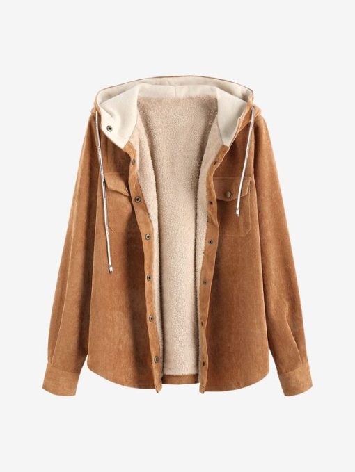 main image5ZAFUL Fleece Lining Hooded Jacket Women Plain Cryptidcore Cover Button Up Fuzzy Coat for Spring Autumn