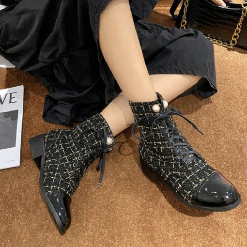 main image5ZawsThia Winter Autumn Round Toe Square Heels Lace up Tweed Checked Plaid Luxury Martin Women Ankle