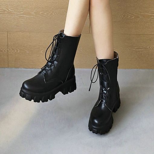 variant image02021 Women Ankle Boots Platform Square Heel Ladies Short Boots PU Leather Round Toe Side Zipper