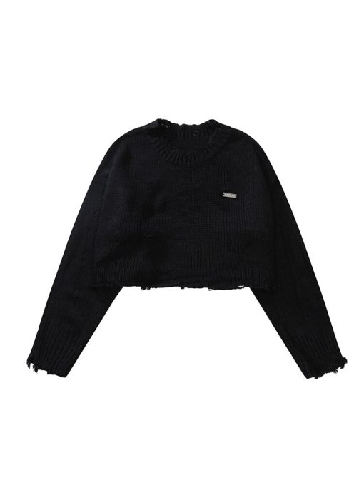 variant image02022 Autumn Winter Korean Fashion Women Crop Tops Long Sleeve O Neck Sweater Solid Color Knitwear