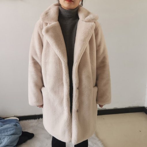 variant image02022 New Women Winter Warm Faux Fur Coat Thick Women Middle Long Overcoat Turn Down Collar