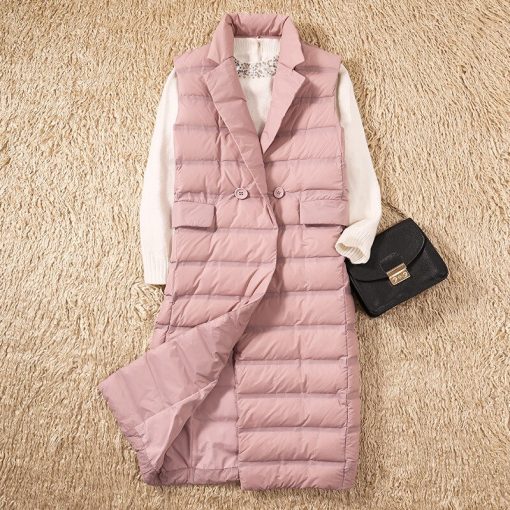 variant image02022 Spring Fall Long Duck Down Vest Two Button Female Slim Sleeveless Jacket Women Windproof Lightweight