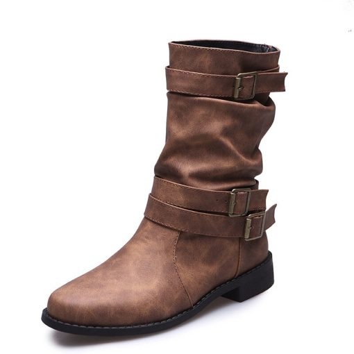 variant image02022 Women Boots Leather Round Toe Retro Buckle Mid Calf Boots Fashion Low Heel Motorcycle Booties