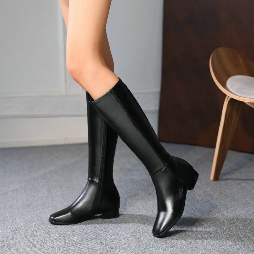 variant image0Black White Women Knee High Boots Comfortable Square Heel Round Toe Calf Boots Side Zipper Short